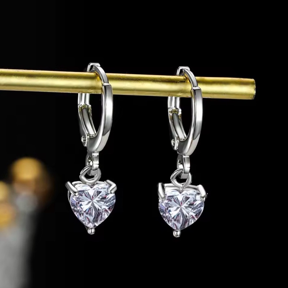 Silver Heart Drop Simulated Diamond Crystal Heart Hoop Earrings